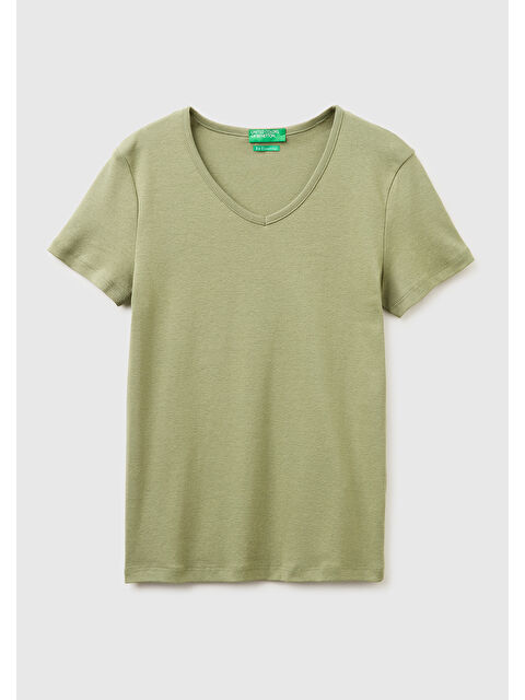 United Colors Of Benetton Kadın Haki %100 Pamuk Geniş V Yaka T-Shirt - S000517695-18547