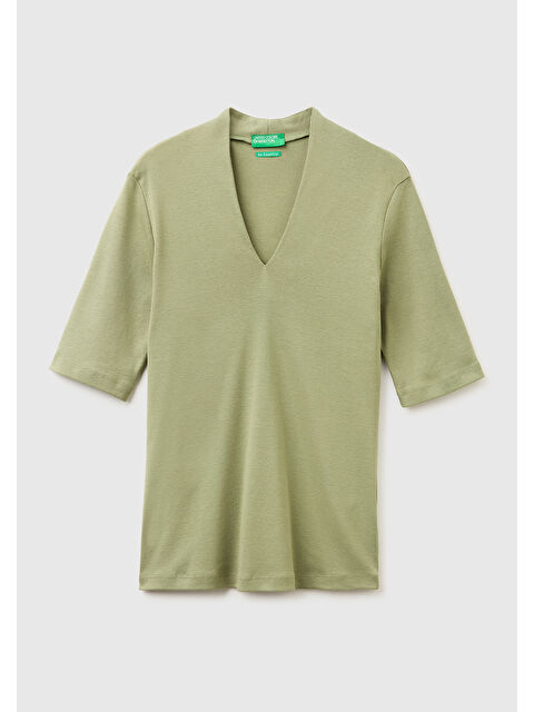 United Colors Of Benetton Kadın Haki %100 Pamuk Yarım Kollu Derin V Yaka T-Shirt - S000517696-18547