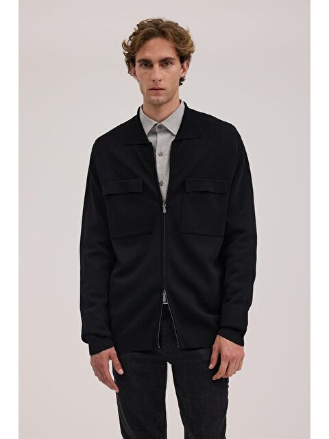 JAKAMEN Siyah Slim Fit Bebe Yaka Fermuarlı Cepli Rayon Triko Ceket - S000495783-19351