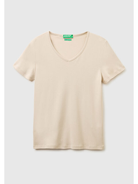 United Colors Of Benetton Kadın Taş %100 Pamuk Geniş V Yaka T-Shirt - S000517695-25636