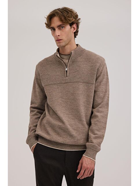 JAKAMEN Kahve Slim Fit Fermuarlı Triko Kazak - S000492820-26429