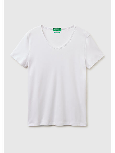 United Colors Of Benetton Kadın Beyaz %100 Pamuk Geniş V Yaka T-Shirt - S000517695-20063