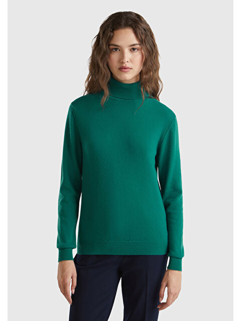 United Colors Of Benetton Kadın Koyu Yeşil Dik Yaka %100 Merino Kazak - S000278557-19416