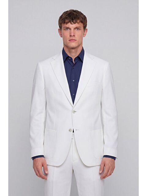 Sabri Özel Giotelli Erkek Beyaz Dar Kesim Slim Fit Viskon Torba Cep Klasik Yaka Takım Elbise
