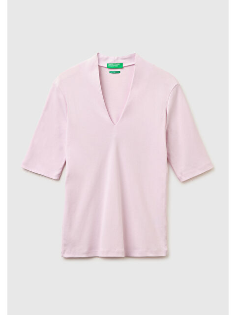 United Colors Of Benetton Kadın Açık Pembe %100 Pamuk Yarım Kollu Derin V Yaka T-Shirt - S000517696-20020