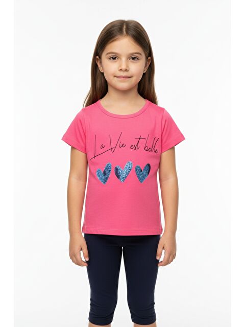 Toontoykids Kız Çocuk Kalp Desenli Yazı Baskılı Taş İşlemeli Tişört