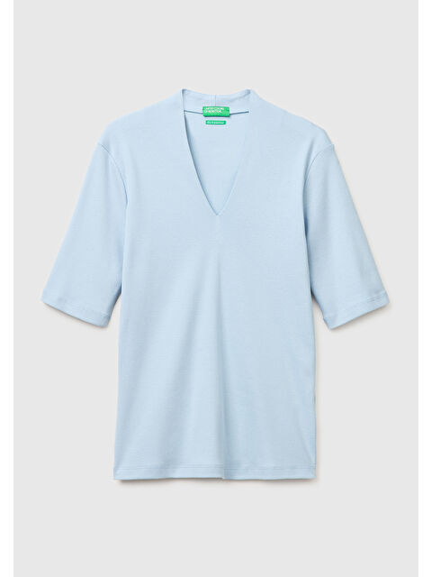 United Colors Of Benetton Kadın Açık Mavi %100 Pamuk Yarım Kollu Derin V Yaka T-Shirt - S000517696-17437