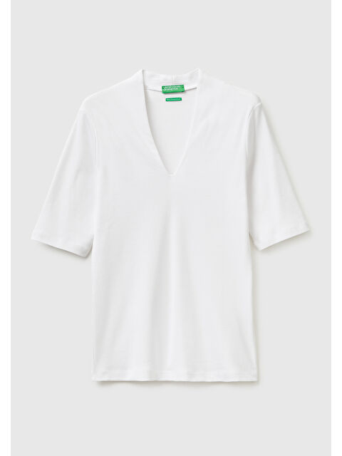 United Colors Of Benetton Kadın Beyaz %100 Pamuk Yarım Kollu Derin V Yaka T-Shirt - S000517696-20063