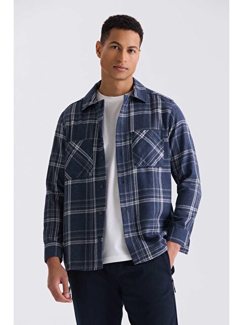 JAKAMEN Lacivert Over Size Bol Kesim Ekose Desenli Pamuklu Cepli Oduncu Gömlek - S000495785-21164