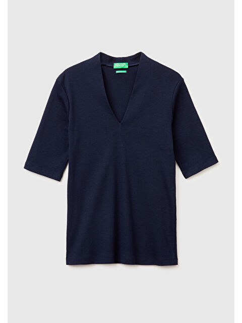 United Colors Of Benetton Kadın Lacivert %100 Pamuk Yarım Kollu Derin V Yaka T-Shirt - S000517696-21164