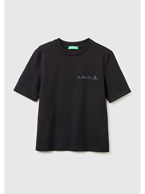 United Colors Of Benetton Kadın Siyah Pamuk Karışımlı Payetli Nakışlı Bisiklet Yaka T-Shirt - S000517698-19351