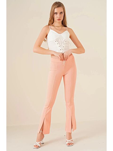 Hazelin Kadın Somon Fitilli Yırtmaçlı Şekillendirici İspanyol Paça Likralı Örme Pantolon - S000030392-24085