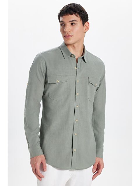 TUDORS Erkek Slim Fit Dar Kesim %100 Pamuk Keten Doku Çift Cep Spor Yaka Açık Haki Gömlek