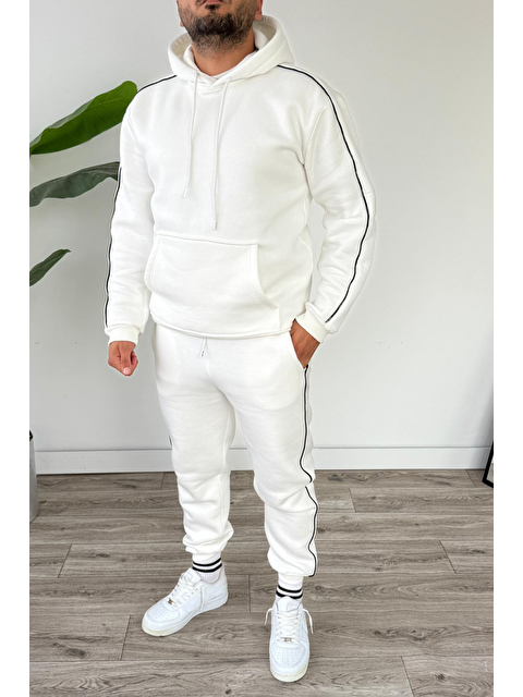 Tarz Cool Erkek Kapüşonlu Kanguru Cepli Biyeli %100 Pamuk Alt Üst Takım Beyaz - S000464751-20063