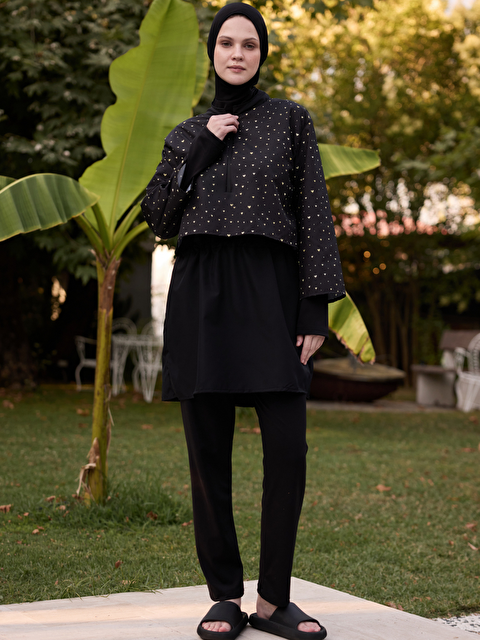 Bipantolon Kadın Tesettür Sarı Çıtır Kalp Baskılı Tam Kapalı 3 Parça Mayo Takımı