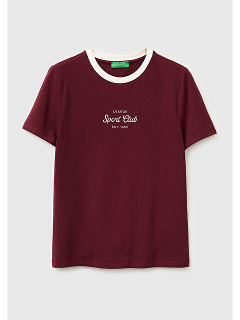 United Colors Of Benetton Kadın Bordo Pamuk Karışımlı Önü İşlemeli Bisiklet Yaka T-Shirt - S000517699-19951