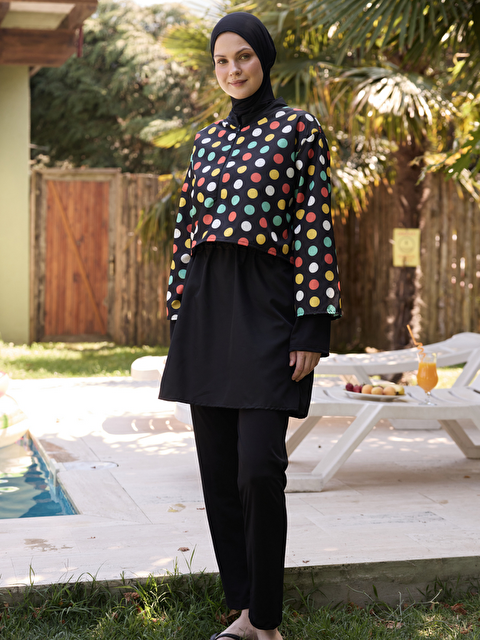 Bipantolon Kadın Tesettür Colour Pop Baskılı Tam Kapalı 3 Parça Mayo Takımı