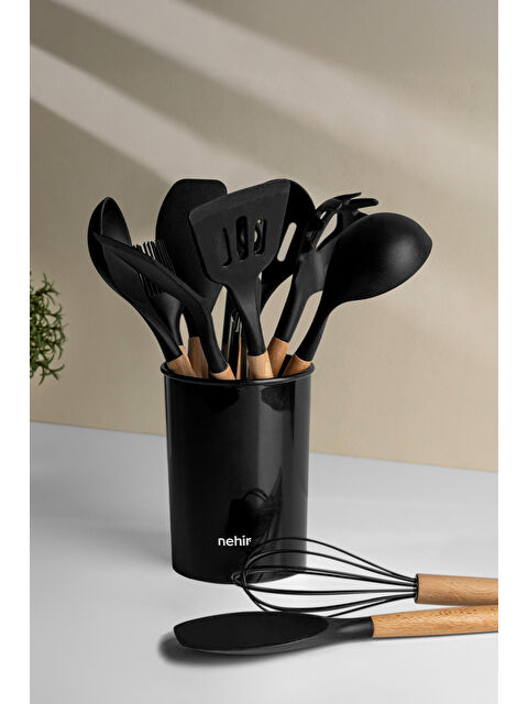 Nehir Angela Siyah Ahşap Silikon 12 Parça Servis Takımı