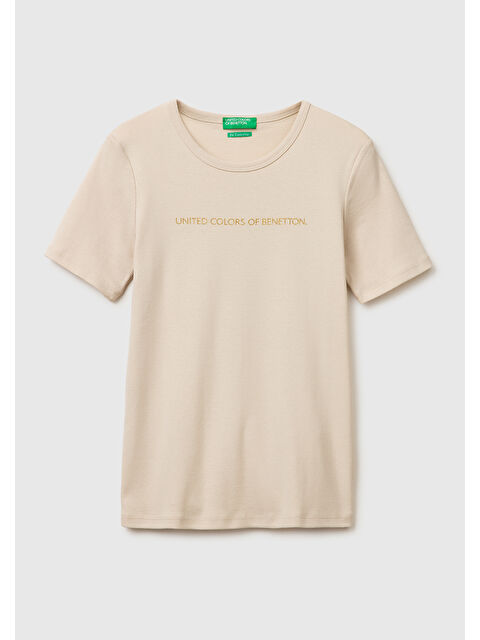 United Colors Of Benetton Kadın Taş %100 Pamuk Logo Baskılı Bisiklet Yaka T-Shirt - S000517694-25636