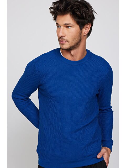 TUDORS Slim Fit Bisiklet Yaka Düz Saks Mavi Erkek Kazak - S000314893-23710