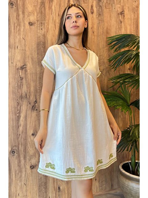 Gülseli Kısa Kol Nakış Detaylı Elbise - S000289580-19966