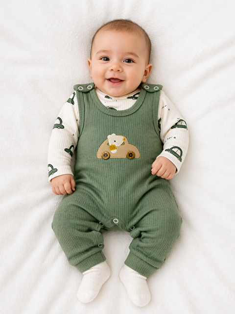 Verona Tarz Erkek Bebek Mevsimlik Arabalı 3lü Takım Salopet Çıtçıtlı Body Çorap Dahil