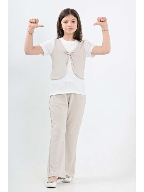 Modanino Kız Çocuk Taş Süslemeli ve Yelek Detaylı Alt -Üst Takım 7-12 Yaş 12572