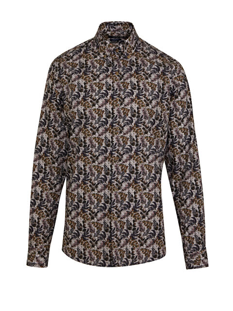 Hatemoğlu Kahverengi Comfort Fit Baskılı 100% Pamuk Düğmeli Yaka Uzun Kollu Casual Gömlek - S000288945-19413