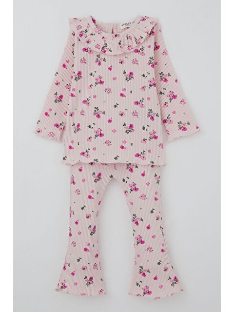 Breeze Kız Bebek Taytlı Takım Çiçek Desenli Yaka Kısmı Fırfır Detaylı Pudra (6 Ay-2 Yaş) - S000505820-7152