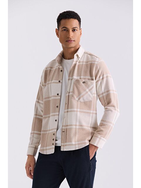 JAKAMEN Bej Slim Fit Yaka Düğmeli Ekoseli Oduncu Gömlek - S000495786-19928