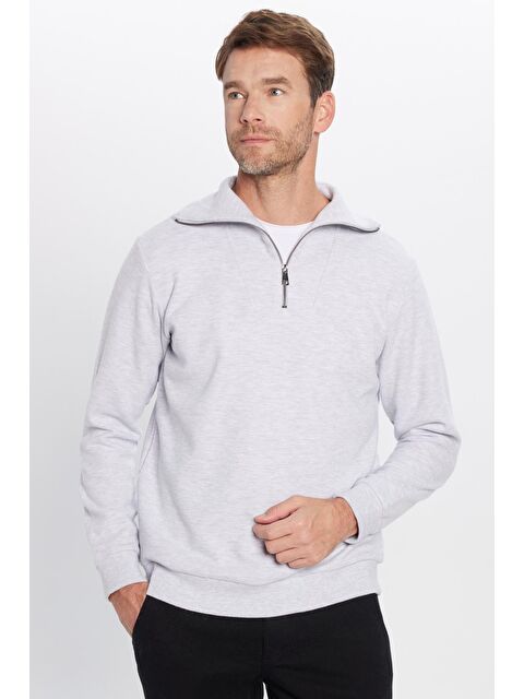 TUDORS Unisex Relax Fit Rahat Kesim Fitilli Desenli Pamuklu Yarım Fermuarlı Gri Dik Yaka Sweatshirt - S000314896-20600