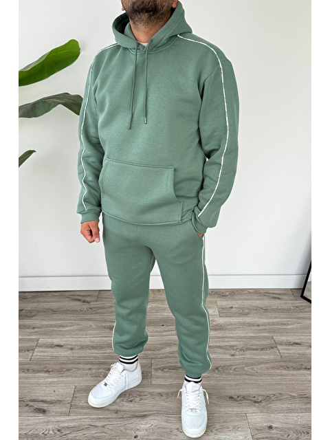 Tarz Cool Erkek Kapüşonlu Kanguru Cepli Biyeli %100 Pamuk Alt Üst Takım Su Yeşili - S000464751-20054