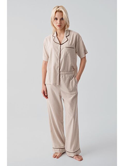 Artış Kısa Kollu Düğmeli Çizgili Dokuma %100 Pamuk Pijama Takım 19208 - S000517701-19928
