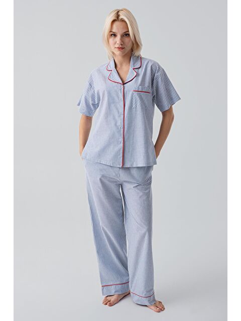 Artış Kısa Kollu Düğmeli Çizgili Dokuma %100 Pamuk Pijama Takım 19208 - S000517701-17234