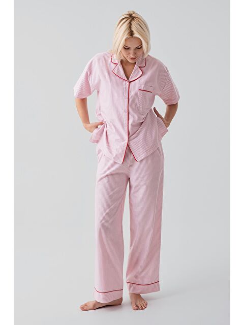 Artış Kısa Kollu Düğmeli Çizgili Dokuma %100 Pamuk Pijama Takım 19208 - S000517701-20024