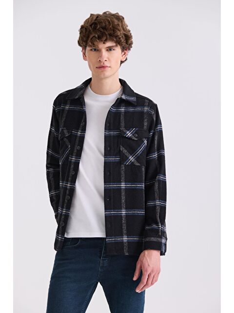 JAKAMEN Siyah Over Size Bol Kesim Ekose Desenli Pamuklu Cepli Oduncu Gömlek - S000495787-19351