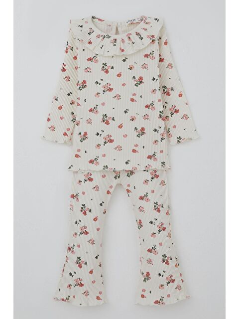 Breeze Kız Bebek Taytlı Takım Çiçek Desenli Yaka Kısmı Fırfır Detaylı Ekru (6 Ay-2 Yaş) - S000507662-19965
