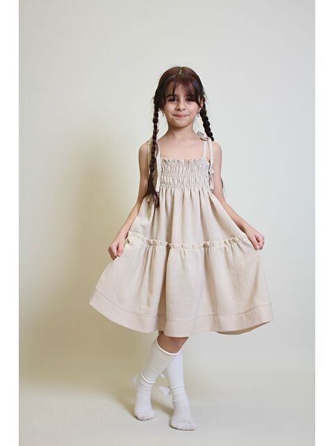 Modanino Kız Çocuk Göğüs Büzgülü Askılı Kollu Keten Elbise 12250 - S000386290-19966