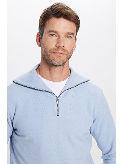 TUDORS Unisex Relax Fit Rahat Kesim Fitilli Desenli Pamuklu Yarım Fermuarlı Mavi Dik Yaka Sweatshirt - S000314898-17234