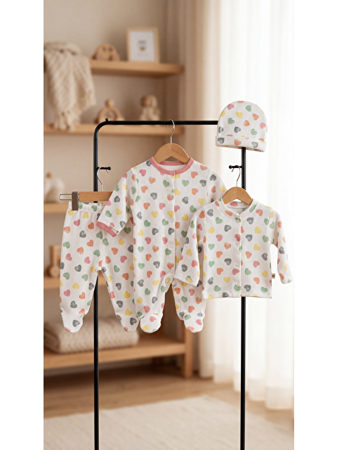 Mışıl Kids Tüm Alan Kalp Desenli 3'Lü Kız Bebek Yenidoğan Takımı