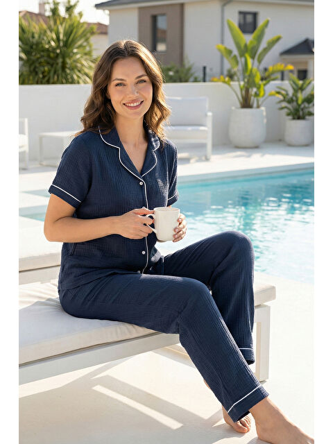 Remsa Kadın Biye Detay Kısa Kol Müslin Kumaş Pijama Takımı 9002 Lacivert - S000527488-21164
