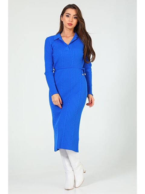 Gülseli Kadın Polo Yaka Bel Bağlamalı Uzun Triko Elbise - S000299584-23710