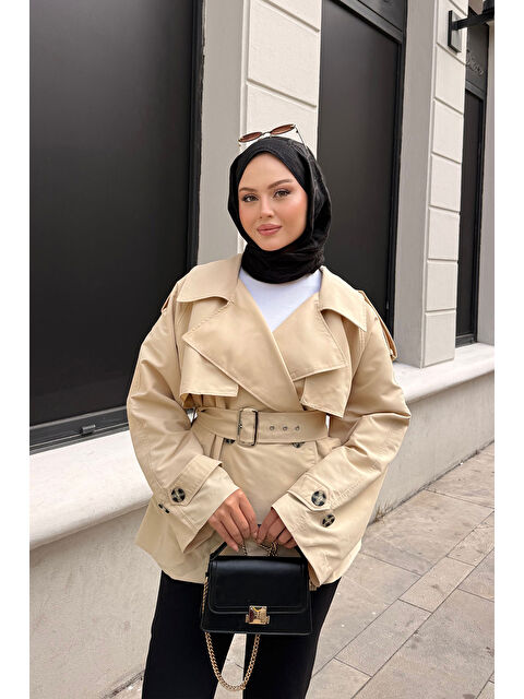 Locco Moda Kadın Kemer Detay Kısa Trenç Krem - S000448605-19966