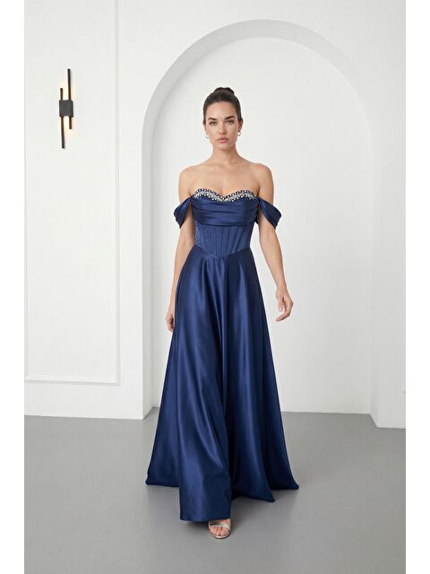 Lafaba Kadın Lacivert Kayık Yaka Taşlı Uzun Söz Nişan Nikah Abiye Elbise - S000508263-21164