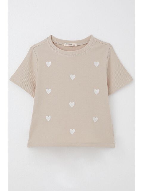 Breeze Kız Çocuk Tişört Kalp Nakış Detaylı Bej (9-14 Yaş) - S000383791-19928
