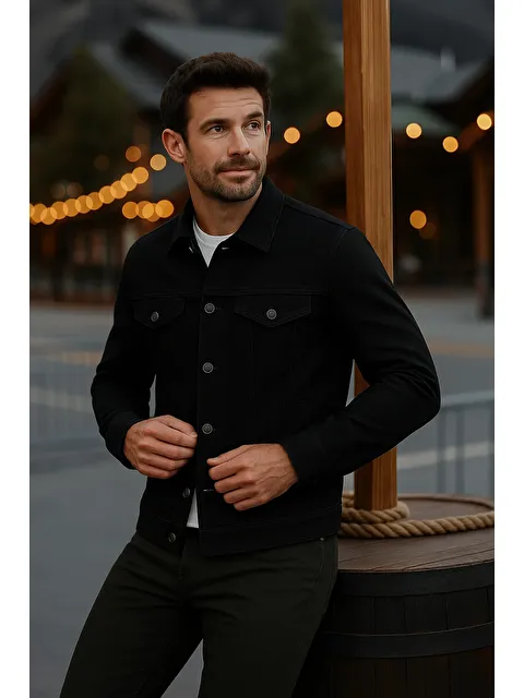 Comstar Erkek Mevsimlik Slim Fit Düğmeli Klasik Siyah Jean Ceket