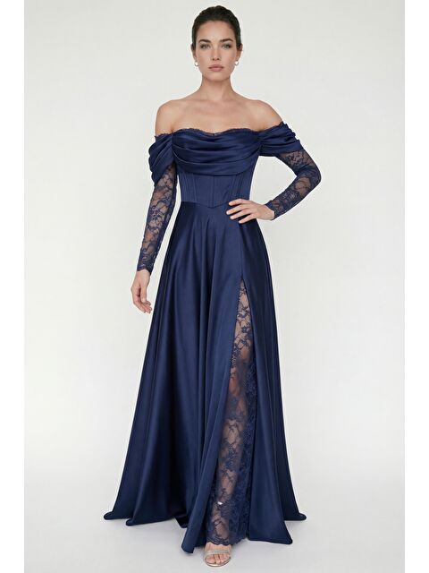 Lafaba Kadın Lacivert Dar Kalıp Dantel Detaylı Uzun Saten Abiye Elbise - S000451069-21164
