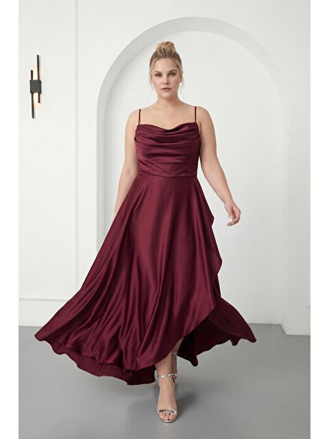 Lafaba Kadın Bordo Volanlı Yırtmaçlı Büyük Beden Saten Abiye Mezuniyet Elbisesi - S000352563-19951