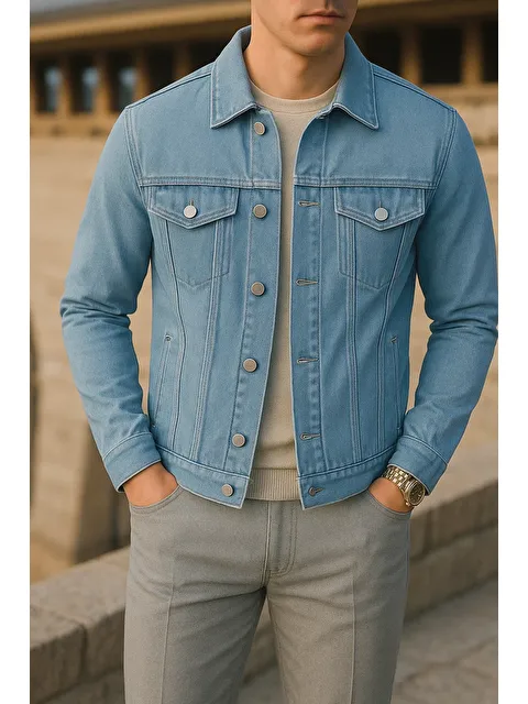 Comstar Erkek Mevsimlik Slim Fit Trend Klasik B.Mavi Jean Ceket