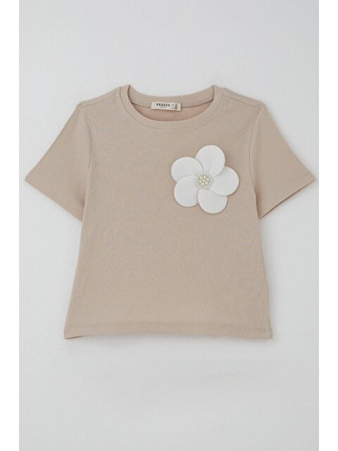 Breeze Kız Çocuk Tişört Çiçek Aksesuarlı İnci Detaylı Bej (9-14 Yaş) - S000505637-19928